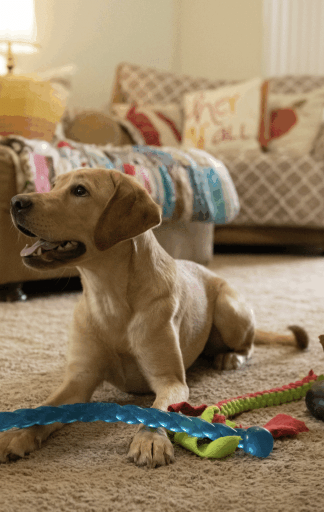 A yellow Labrador puppy lays on the floor with its toys.