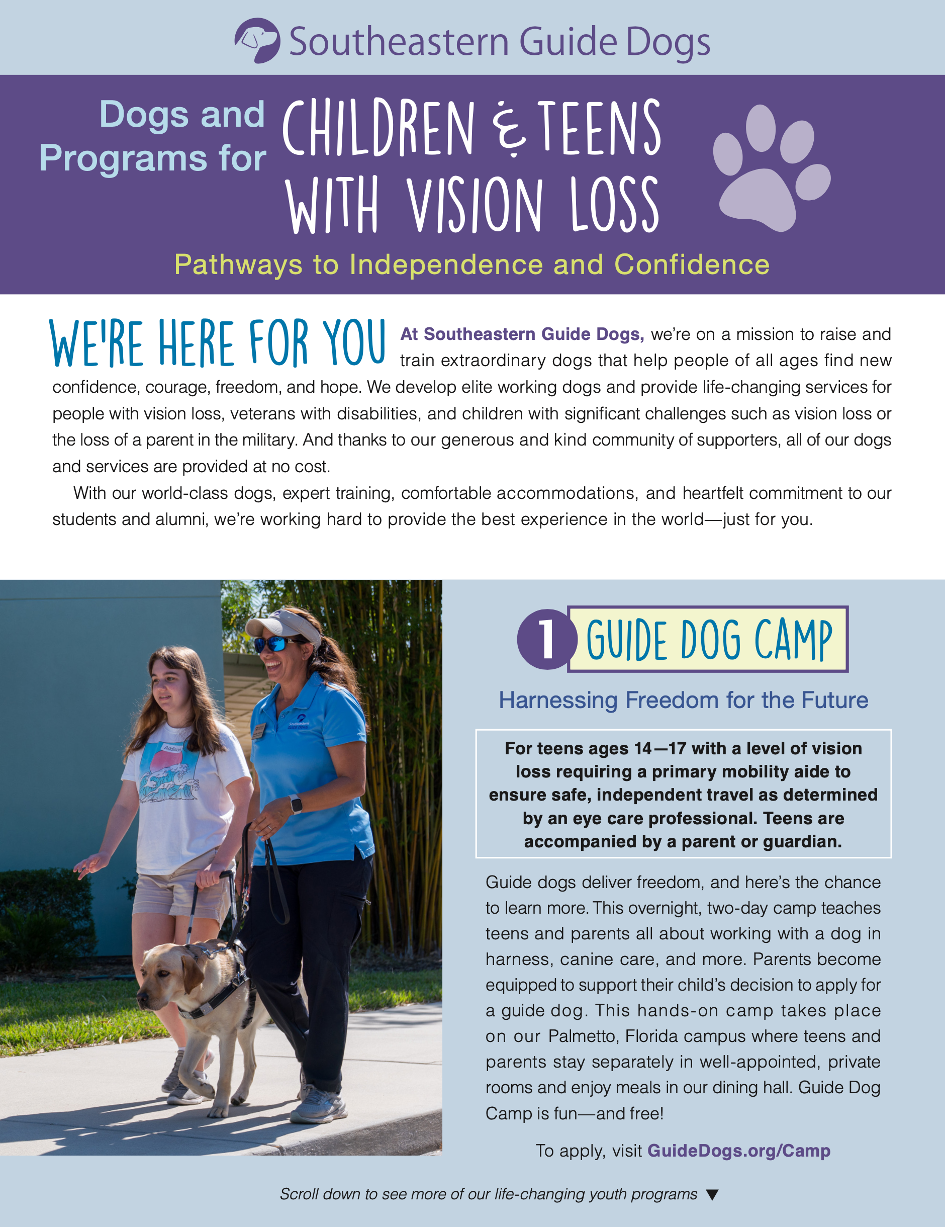 A downloadable PDF flyer about Dogs Inc' Guide Dog Camp for Teens.