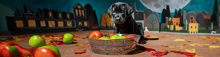 A black Labrador Retriever puppy sitting behind a bucket of red and green apples.