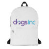 A white backpack with the Dogs Inc logo centered in purple and blue.