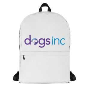 A white backpack with the Dogs Inc logo centered in purple and blue.