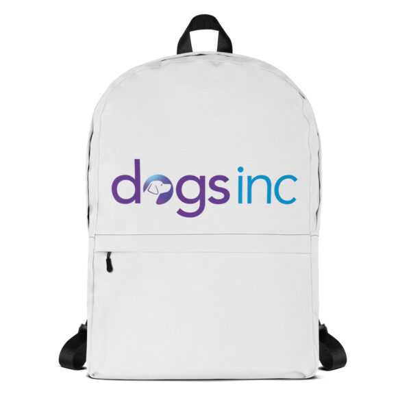 A white backpack with the Dogs Inc logo centered in purple and blue.