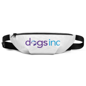 A white fanny pack with the Dogs Inc logo centered in purple and blue.