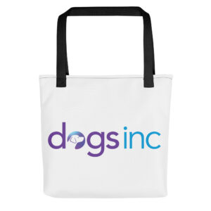 A white tote bag with the Dogs Inc logo centered in purple and blue.