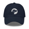 A navy baseball hat with the Dogs Inc circle logo stitched in white.