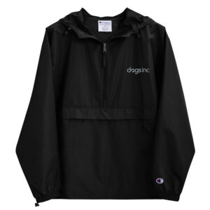 A black windbreaker with the Dogs Inc logo stitched on the top left in gray.
