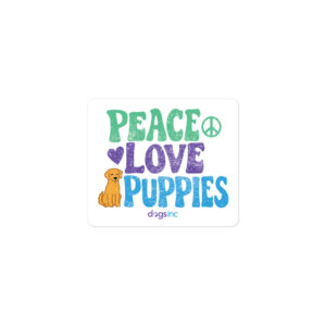 'Peace Love Puppies' text in green, purple, and blue with a dog graphic on the left.