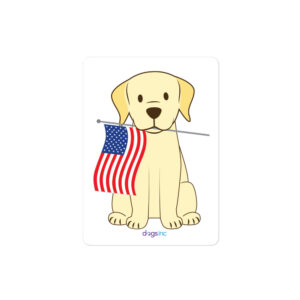 A dog graphic sits with an American flag in its mouth.