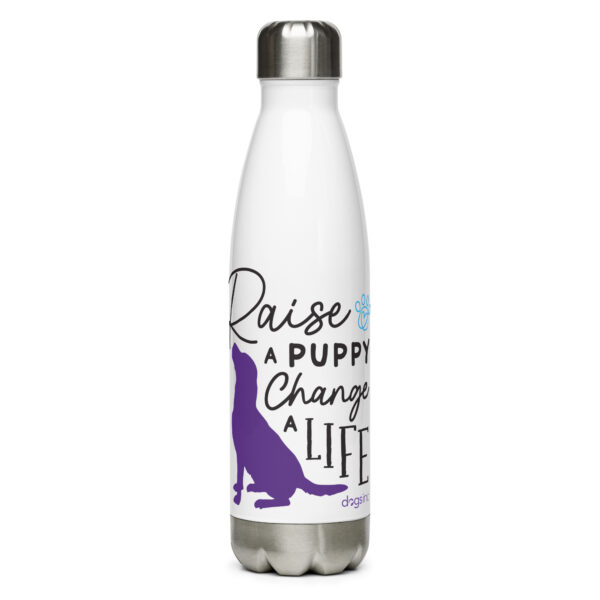 A white stainless steel water bottle with a dog graphic in purple and 'Raise a Puppy Change a Life' text in black.