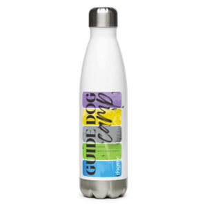 A white stainless steel water bottle with 'Guide Dog Camp' text in a blue, green, yellow, and purple box.