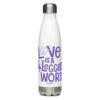 A white stainless steel water bottle with 'Love is a 4 Legged Word' graphic text in purple.