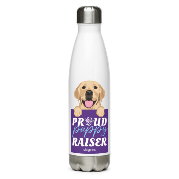 A white stainless steel water bottle with a dog graphic and 'Proud Puppy Raiser' text in a purple box.