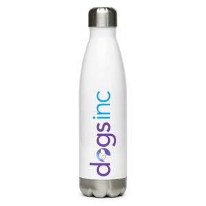 A white stainless steel water bottle with the Dogs Inc logo centered in purple and blue.