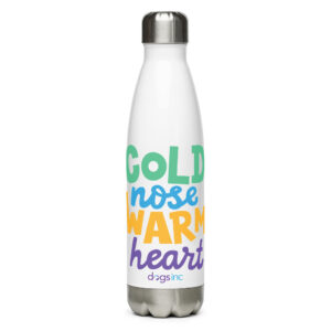 A white stainless steel water bottle with 'Cold Nose Warm Heart' graphic text in green, blue, yellow, and purple.