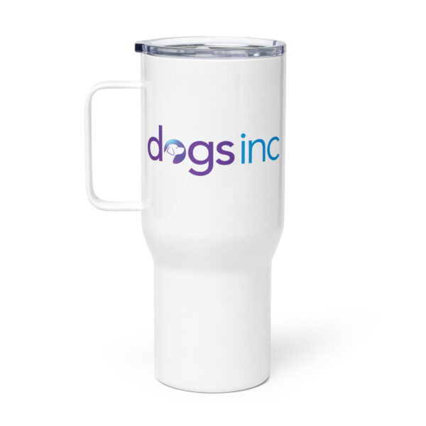A white travel mug with the Dogs Inc logo in purple and blue.