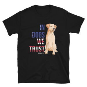 A black unisex t-shirt with a dog graphic and 'In Dogs We Trust' text in red, white, and blue.
