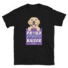 A black unisex t-shirt with a dog graphic and 'Proud Puppy Raiser' text in a purple box.