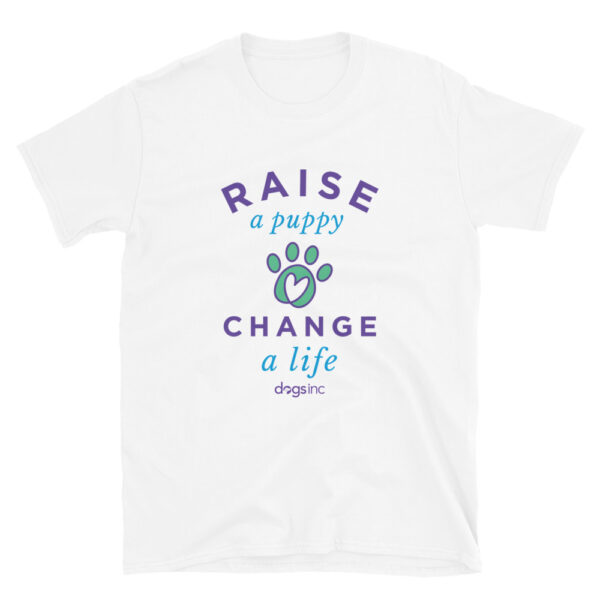 A white unisex t-shirt with a graphic paw print and 'Raise a Puppy Change a Life' text in purple and blue.