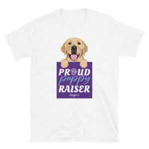 A white unisex t-shirt with a dog graphic and 'Proud Puppy Raiser' text in a purple box.