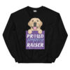 A black crewneck with a dog graphic and 'Proud Puppy Raiser' text in a purple box.