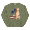 An army green crewneck with a dog graphic and 'In Dogs We Trust' text in red, white, and blue.