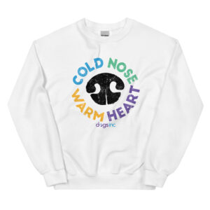 A white crewneck with a black nose print graphic and 'Cold Nose Warm Heart' text in blue, green, yellow, and purple.