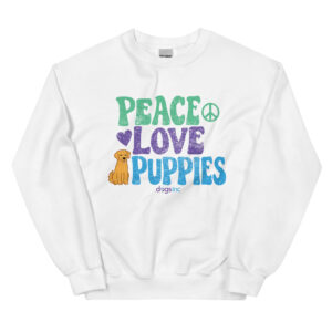 A white crewneck with a dog graphic and 'Peace Love Puppies' text in green, purple, and blue.