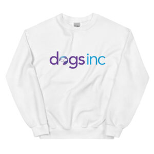 A white crewneck with the Dogs Inc logo centered in purple and blue.