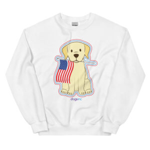 A white crewneck with a graphic of a dog that holds an American flag in its mouth.