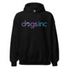 A black sweatshirt with the Dogs Inc logo centered in purple and blue.