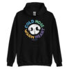 A black sweatshirt with a white nose print graphic and 'Cold Nose Warm Heart' text in blue, green, yellow, and purple.