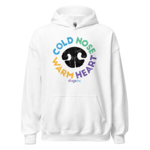 A white sweatshirt with a black nose print graphic and 'Cold Nose Warm Heart' text in blue, green, yellow, and purple.