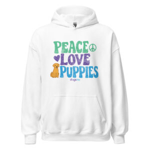 A white sweatshirt with a dog graphic and 'Peace Love Puppies' text in green, purple, and blue.