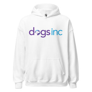 A white sweatshirt with the Dogs Inc logo centered in purple and blue.