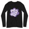 A black long sleeve t-shirt with 'Love is a Four Legged Word" text inside a purple paw print graphic.