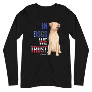 A black long sleeve t-shirt with a dog graphic and 'In Dogs We Trust' text in red, white, and blue.