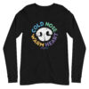 A black long sleeve t-shirt with a white nose print graphic and 'Cold Nose Warm Heart' text in blue, green, yellow, and purple.