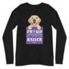 A black long sleeve t-shirt with a dog graphic and 'Proud Puppy Raiser' text in a purple box.