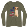 An army green long sleeve t-shirt with a dog graphic and 'In Dogs We Trust' text in red, white, and blue.