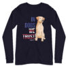 A navy long sleeve t-shirt with a dog graphic and 'In Dogs We Trust' text in red, white, and blue.