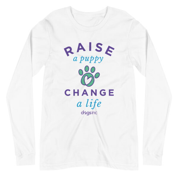 A white long sleeve t-shirt with a graphic paw print and 'Raise a Puppy Change a Life' text in purple and blue.