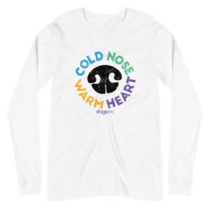 A white long sleeve t-shirt with a black nose print graphic and 'Cold Nose Warm Heart' text in blue, green, yellow, and purple.