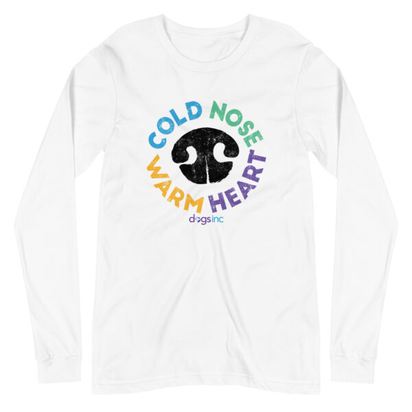A white long sleeve t-shirt with a black nose print graphic and 'Cold Nose Warm Heart' text in blue, green, yellow, and purple.