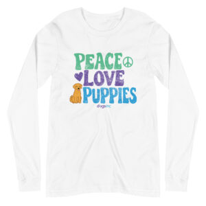 A white long sleeve t-shirt with a dog graphic and 'Peace Love Puppies' text in green, purple, and blue.