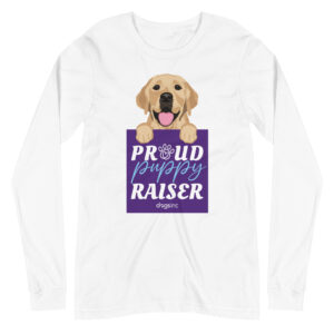 A white long sleeve t-shirt with a dog graphic and 'Proud Puppy Raiser' text in a purple box.