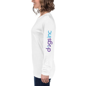 A white long sleeve t-shirt with the Dogs Inc logo centered in purple and blue.