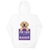 A white sweatshirt with a dog graphic and 'Proud Puppy Raiser' text in a purple box on the back.