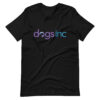 A black unisex t-shirt with the Dogs Inc logo centered in purple and blue.