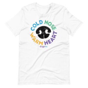 A white unisex t-shirt with a black nose print graphic and 'Cold Nose Warm Heart' text in blue, green, yellow, and purple.