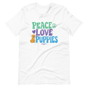 A white unisex t-shirt with a dog graphic and 'Peace Love Puppies' text in green, purple, and blue.